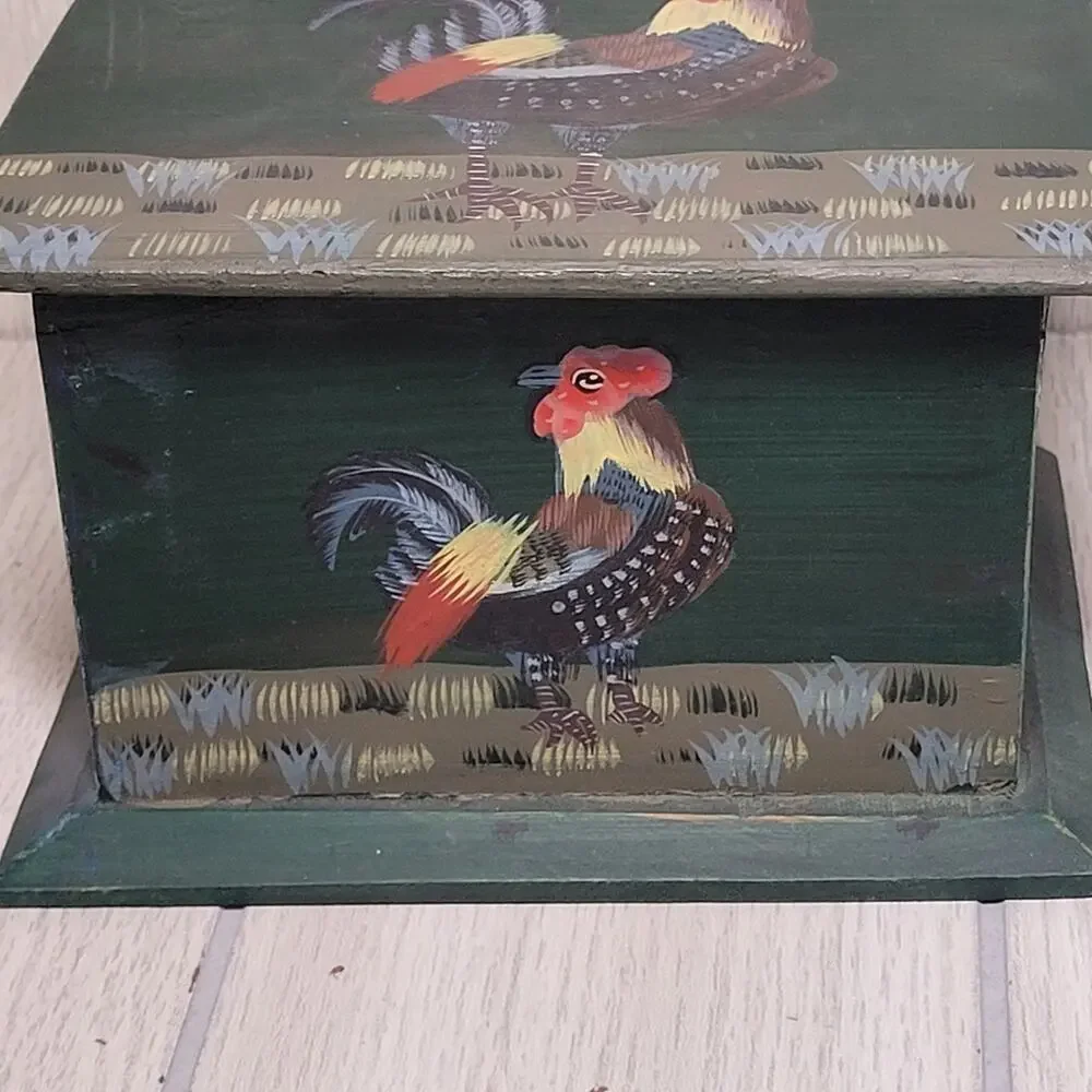 Vintage Han Painted Rooster Wood Recipe Box Bird Farmhouse Country Prairie